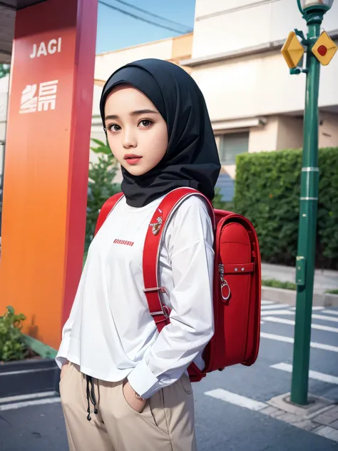 Masterpiece, hd, 2d, Malay girl in hijab wear big oversized loose white collared shirt and high waist pants, ootd, (hijab:1.0), wearing red backpack, (backpack:1.2), front view, detail skin, detail skin texture, small breast, standing, outdoor 