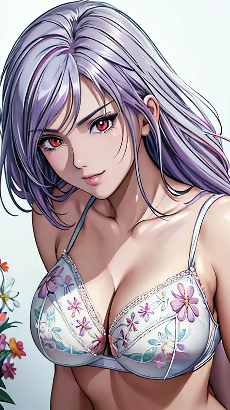 red eyes with slit pupils, (highest quality, masterpiece painting:1.3), immature woman, 16 years old, (half body shot), masterpiece, ultra high resolution, (Photoreal:1.0), ((light purple hair)),straight hair, beautiful shining hair, white and shining skin...