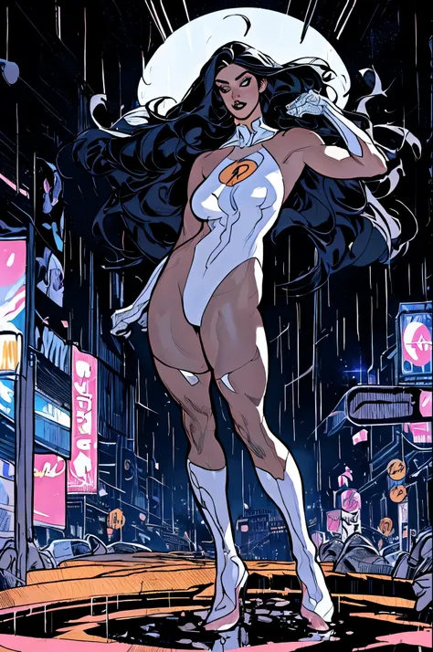 ((melhor qualidade)), ((obra de arte)), (detalhado: 1.4), (absurdo), Alison Tyler (((corpo inteiro))) in comic book panel, full body, bold lineart illustration comic, seductive blue eyes, parted lips, perfect body, curvy, long black hair, fitness, nsfw, in...