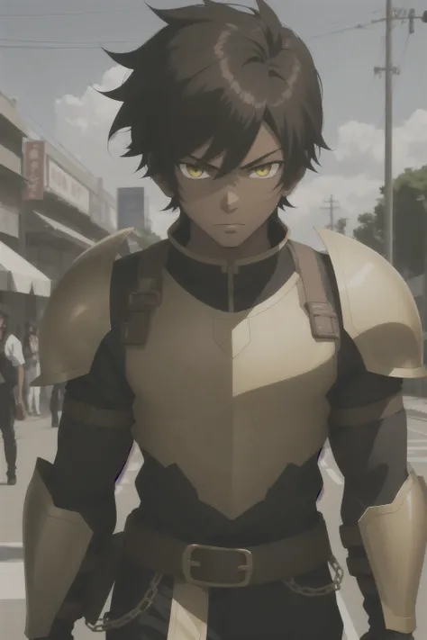 young man,17 or 18 years old,(((brown skin))),black hairs,yellow eyes,young face,dark armor,master piece,anime character
