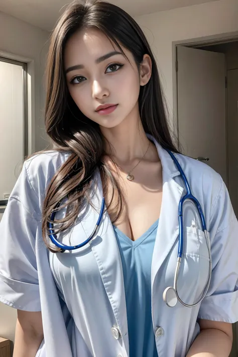 Realistic beautiful doctor、Stunningly beautiful、Doctor&#39;s white coat, Collared shirt、(Top quality、8K、32K、masterpiece、North African Trade Zone:1.3)、Ultra-high resolution,(Reality:1.4),Original Photography, Detailed face,,Beautiful hair, ((Doctor style)),...