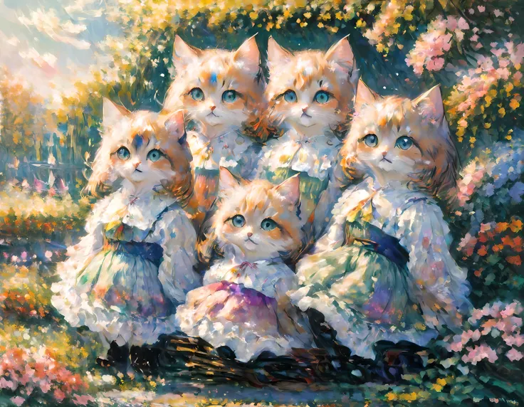 (Claude Monet style:1.2), (masterpiece in maximum 16K resolution, superb quality, ultra detailed:1.3), close-up of three calico kittens in whimsical dresses, on top of a vintage toy train, cozy room.