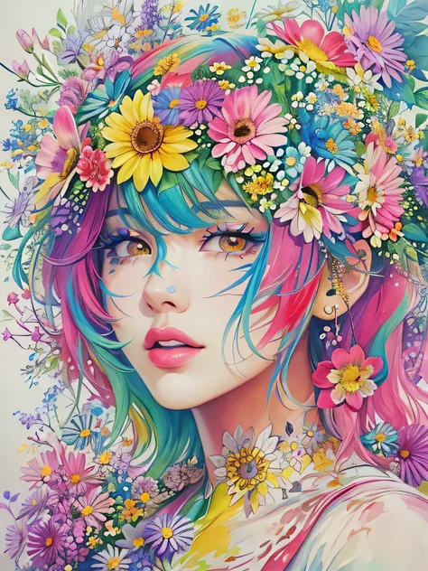 Masayo Style、(((stylish fashion))), 8K Quality、Intense watercolor, Detailed watercolor art, Watercolor splash, Surreal, avant-garde pop art, Beautiful and expressive paintings, Beautiful artwork illustration, Very colorful tones, wonderful, Cool beauty, hi...