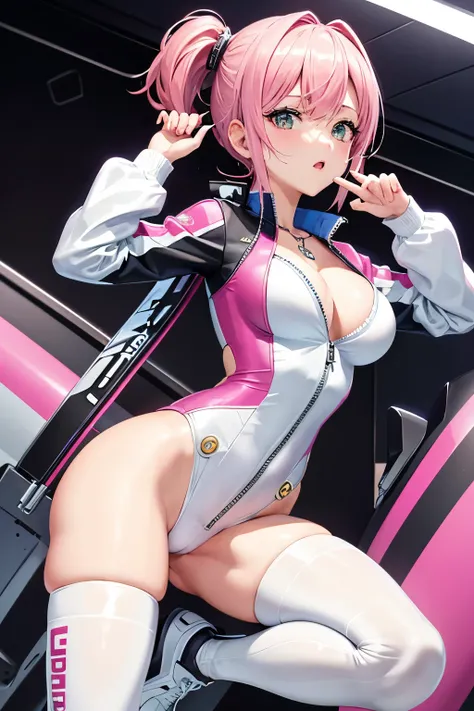 （（（highest quality、first-clasasterpiece、Normal body、8k、Detailed face、Ultra-precision、Normal hand、Normal finger、５Finger、）））Brightly colored hair、Shortcuts、White and black pilot suit、A tight, revealing pilot suit、Thin leotard pilot suit、See-through high-cut ...