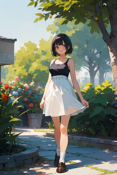 (high quality, High resolution, Very detailed, reality:1.37), Peaceful atmosphere, (Outdoor, garden), Teenage girl standing alone, (my breasts are big.), Beautiful details, Cute Smile, (Black bob hair), White camisole dress, White socks, loafers.