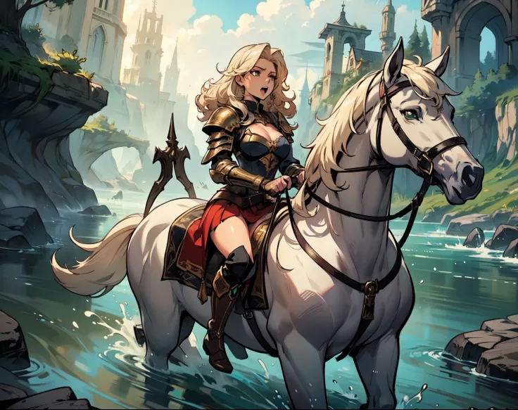 ((best quality)), ((anime masterpiece)), (high detailed), 8k, cinematic lighting perfect face, medium breast, cleavage, female knight riding a WHITE HORSE, (curly hair, {gold hair}, green armor, red miniskirt, black leather boots), (white horse, saddle, re...