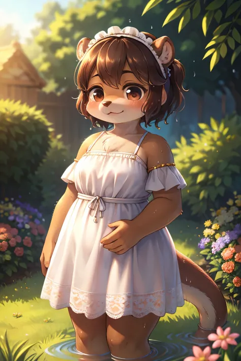 rococo style , Bokeh , focus face , 1 hairy mature otter girl , Short stature , realistic hairy fur , Round face, swollen cheeks, moist round eyes , hair ties , wet summer dress , in the grass garden , Water splashes , (underwear is slightly visible:0.8)