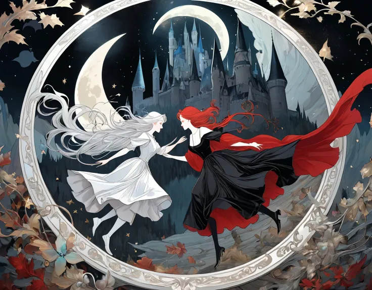 best quality, super fine, 16k, incredibly absurdres, extremely detailed, delicate and dynamic, a battle between a beautiful red witch and a cute short-white-haired black witch, iridescent magic circle, and flashy image effects, Northern Renaissance style o...