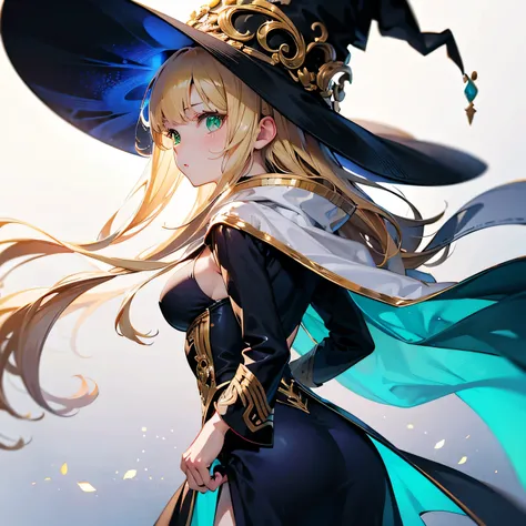 Anime Moe Art Style,highest quality,High resolution,Anatomically correct,One Woman,Twenty years old,Blonde,Super long hair,Straight Hair,Green Eyes,Super detailed,Fantasy Style,witch,White hat with gold trim,White cloak with gold trim,A cloak that covers t...