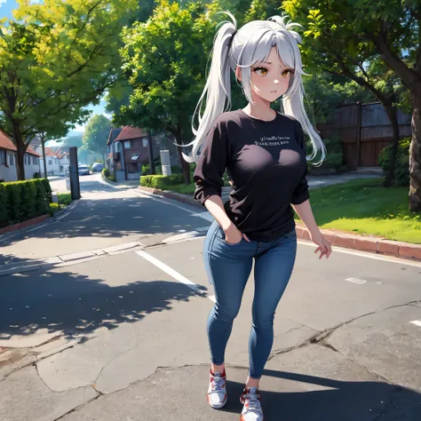 A woman wearing a casual black shirt (with white kanji writing on the shirt), wearing black jeans, wearing casual sneakers, long white hair, pigtails, red bangs, walking on an old paved sidewalk, in a traditional German town , traditional German houses in ...