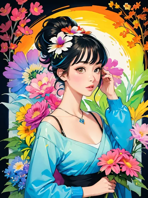 Hiromi Matsuo Style、(((stylish fashion))), 8K Quality、Intense watercolor, Detailed watercolor art, Watercolor splash, Surreal, avant-garde pop art, Beautiful and expressive paintings, Beautiful artwork illustration, Very colorful tones, wonderful, Cool bea...