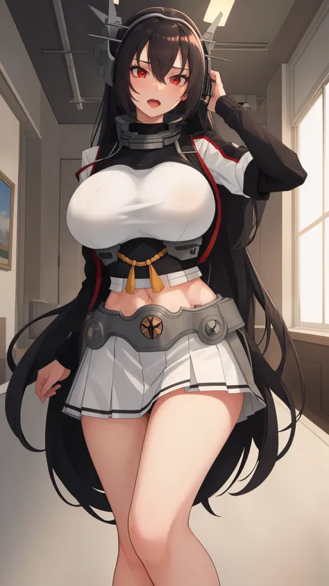 best quality, masterpiece, highres, solo,  black_hair, long_hair, red_eyes,huge breasts, hair_between_eyes, headgear, large_brea...