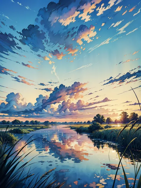 a painting of a sunset over a body of water, phragmites, vibrant gouache painting scenery, marsh vegetation, small reeds behind lake, flat water color texture, detailed gouache paintings, nature journal cover, reed on riverbank, tall grass, watercolor land...