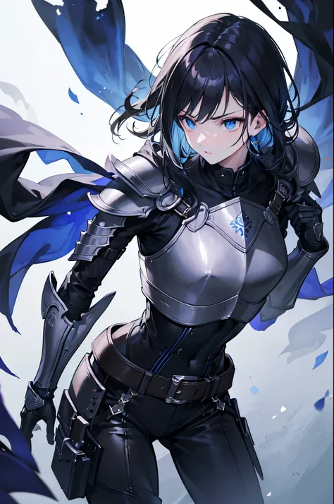 (best quality, highres, ultra-detailed), black hair, blue eyes, detailed facial features (beautiful detailed eyes, detailed lips), solo figure, 1 boy, full body, standing confidently, wearing gloves, wearing armor and a belt, focus on the male character, r...