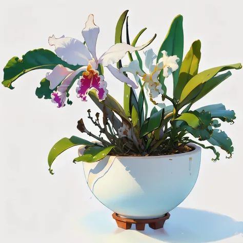 (masterpiece, highest quality:1.2), (no humans)、(Potted plantsのCattleya、One bowl)、(Cattleya, Potted plants、alone, Three Flowers, close, whole body, full bloom,  )、Soft Focus、Watercolor style、Blur the background、Blank background、White Background、