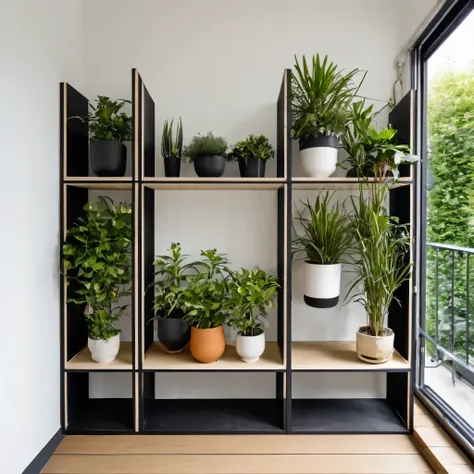 a modern modular shelving unit made of a very thick black square profile and plywood in a checkerboard pattern, against a white wall, installed in a narrow loggia balcony. On the shelves there are pots with plants and vases with flowers. The interior of th...