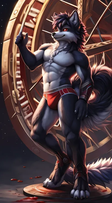 Rystal, Star Fox, Male,Dark emerald hair， (detailed), fluffy, Solo, Meticulous and realistic, delicate eyes, ( The pupil of the Eye of the Blood Wheel), (( Black and red eyes)), Excellent quality, high detail, detailed fur, ((The tail is in the right posit...