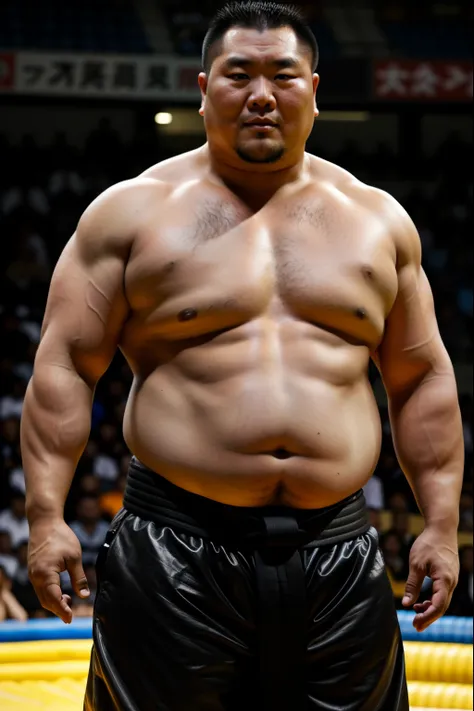 A Mongolian man stands wearing a black sumo mawashi、Narrow eyes、Thick body hair，Mid shot of a handsome man, Strong masculine traits, Sexy muscular body, Partially male hairy torso,Masculine and strong，Sexy muscular upper body,Fat belly,Light brown skin, St...