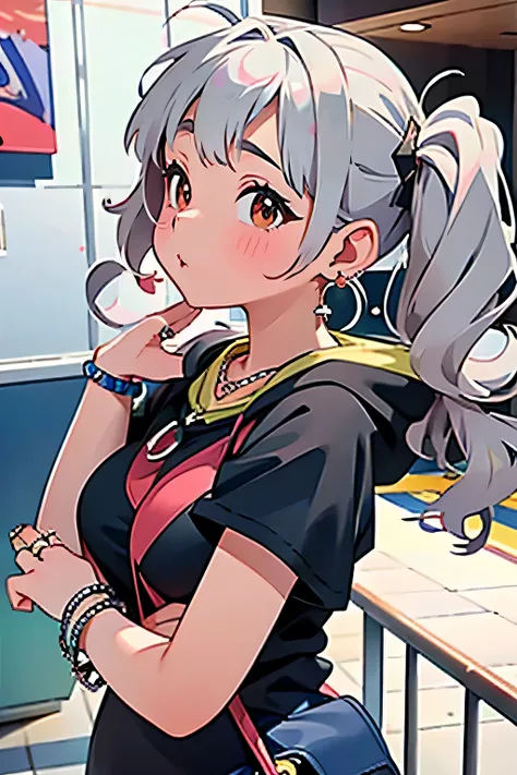 , Huge, Twin tails, Silver Hair, hoodie, Vintage Gothic, stop temporarily, cute, look up, high quality, necklace, ring, bracelet, Earrings