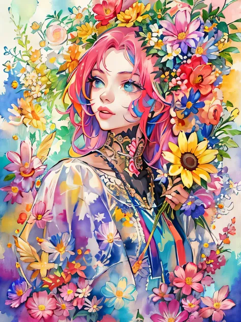 Micho Style、(((stylish fashion))), 8K Quality、Intense watercolor, Detailed watercolor art, Watercolor splash, Surreal, avant-garde pop art, Beautiful and expressive paintings, Beautiful artwork illustration, Very colorful tones, wonderful, Cool beauty, hig...