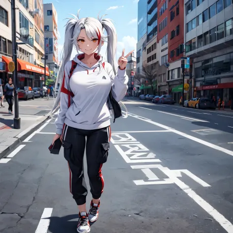 a woman wearing a white sweatshirt with a black stripe, white cargo pants, sports sneakers, long white hair, red bangs, pigtails...