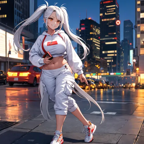 a woman wearing a white sweatshirt, white cargo pants, sports sneakers, long white hair, red bangs, pigtails, orange eyes, smili...