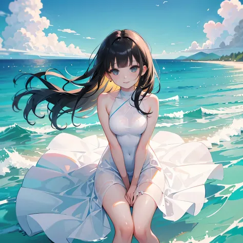 full body,high angle,from above,((both arms down)),(white elegant summer dress,one piece swimsuit),((1girl,cute,young,semi long ...