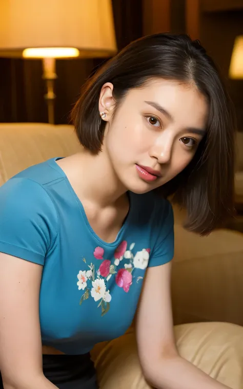 (Plain dark blue T-shirt, Floral Print Skirt, Show beautiful thighs:1.5),
((I want to kiss you?, I want to fuck you?, cheat with me?:1.2)),
((Will you come close to me and kiss my neck??, Can you touch my nipples??:1.2)),
((Sexy atmosphere, hold out your...