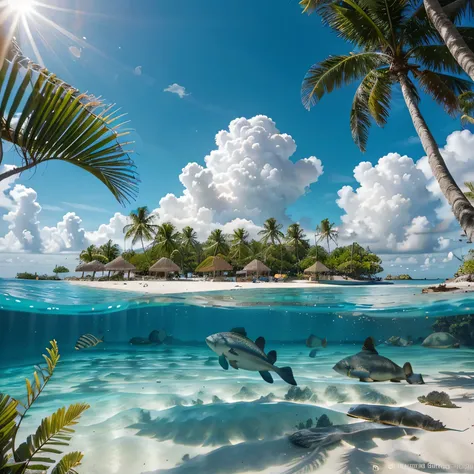 Clear Caribbean Waters with Diverse Marine Life, Tropical Island Scene, Crystal Clear Ocean, Vibrant Underwater World, Colorful Coral Reef, Exotic Fish, Schools of Fish, Majestic Sea Turtles, Lively Marine Ecosystem, Breathtaking Scenery, Sunlit Palm Trees...