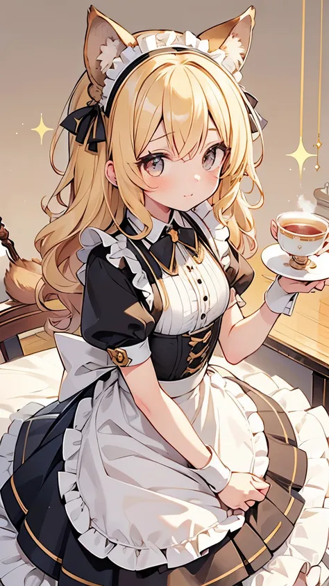 blonde hair, curly hair, hairband, squirrel ears, Art Deco, sparkle, symmetry, pov, anatomically correct, textured skin, high details, best quality, super detail, maid, cute girl, tea time, colorful