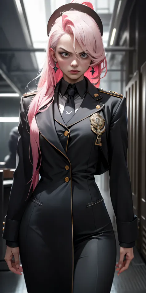 a pink-haired girl boss of the mafia,dark atmosphere,hidden weapons,high-end luxury cars,strategic meeting,secret hideout,heavy security,confident posture,determined look,fierce eyes,sleek and stylish outfit,dramatic lighting,gritty urban backdrop,intense ...