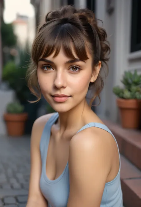 analog film photo solo, realistic, ((vintage photo)), ((woman)), (((Short, Choppy Bangs Hairstyle))), ((brown tank top)), masterpiece portrait photo of a woman with faded blue jeans, comfort fit, (perfect face ), gorgeous Latina, shes sitting on a step out...