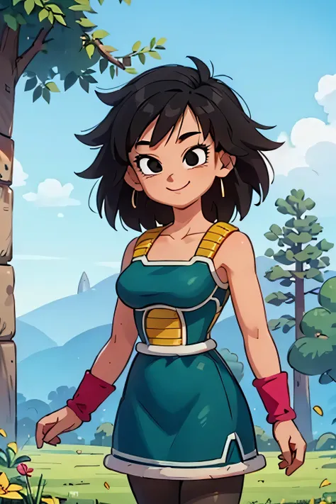 (Hyper-detailing: 1.15)、(Soft light、sharp: 1.2)、masterpiece, best quality, gine, saiyan armor, collarbone, green skirt, wristband, black pantyhose, upper body, white skinned female, black hair, medium hair, black eyes, smile, looking at viewer, field, tree...