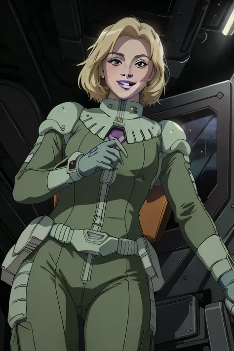 Excellent anatomy, masterpiece, highest quality,Realistic, hyperRealistic, 16K HDR,photoRealistic, Cinematic, There was a pilot, Cockpit View, 20 years,Beauty,Blonde、smile、,Purple lips:1.2),Green flight suit,(Shimuraame,From below