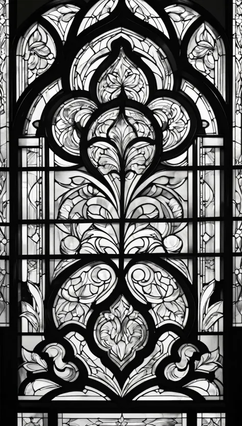 best quality, super fine, 16k, black and white stained glass window with delicate, complex, mysterious, and bold design, when yo...