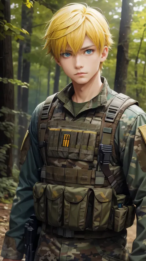 masterpiece, best quality, , 1boy, solo, male focus, looking at viewer, upper body, depth of field, anime coloring, realistic, Yellow hair, aqua Blue eyes, camo Millitary Clothes,