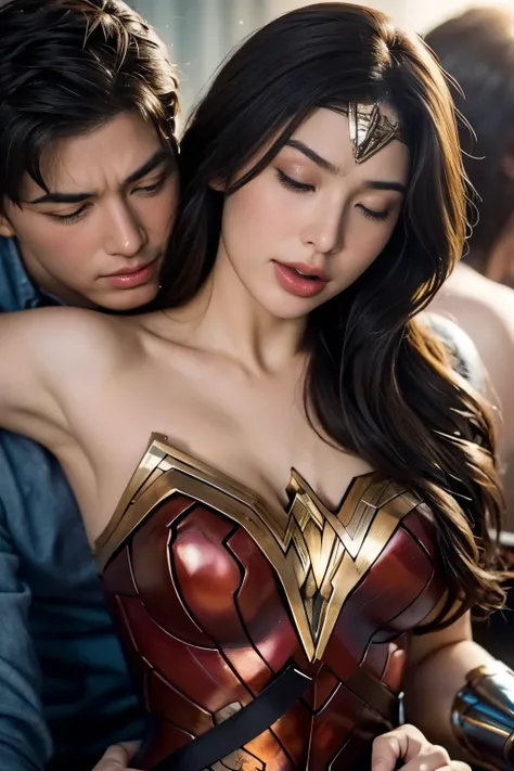 私はWonder Womanです、完璧なWonder Womanの衣装,Kneel,押しDefeated,Defeated,A man mounts me,Face grabbed、Hug from the front,Hugged,Being strangled,You can hold it，Leaning on the man，Hugged，Can be lifted，Men lick my face with their tongues,The guys lick my head with thei...