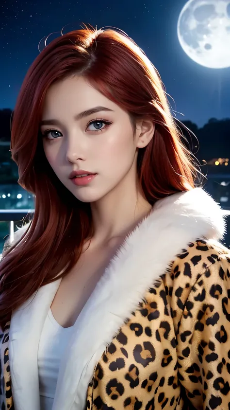 Realistic,  Depth of written boundary,  Cinema Lighting,  (Detailed costume),  Perfect Eyes,  Lots of details,  lips,  Line art,  Particles of light,  ((Red Hair)),  ((blue eyes)),  (leopard print fur coat:1,5),  balcony,  Night Sky,  moonlight,  Long Hair...