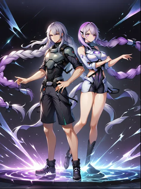 1girl,1boy,Back to Back,Fight alongside,Purple Hair,Purple Eyes,Very long hair,Gray hair,Double ponytails,White Mech SuitBREAK Black Mech Shorts, panoramic,whole body,The figure is in the center,1yj1