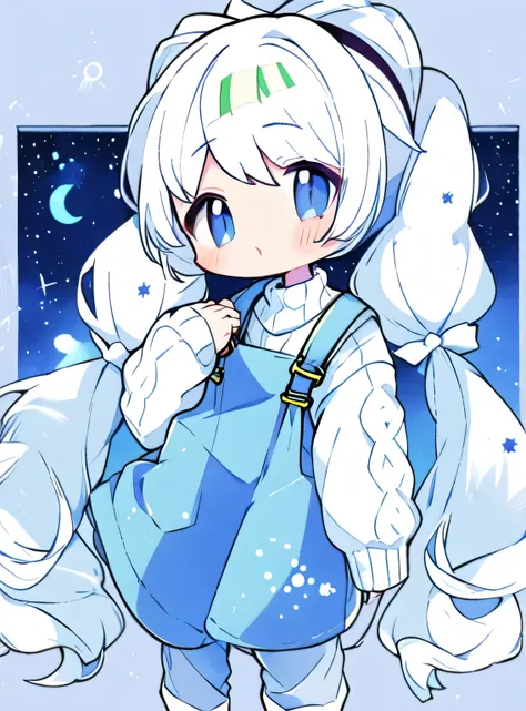 toddler anime girl with long white hair in 2 wide pigtails tied at the bottom and a sweater with a night sky print with overalls. Wide eyes