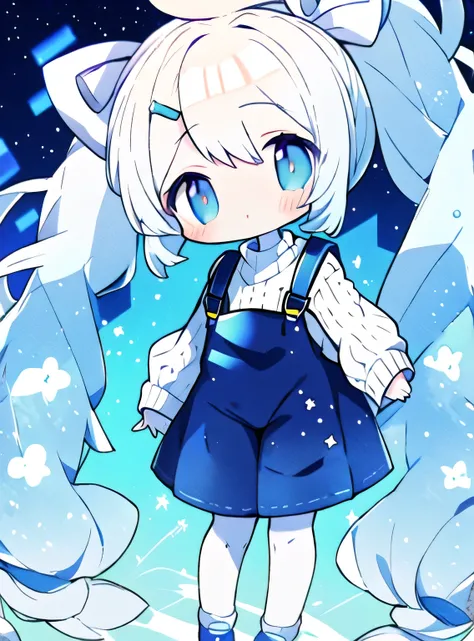 toddler anime girl with long white hair in 2 wide pigtails tied at the bottom and a sweater with a night sky print with overalls. Wide eyes