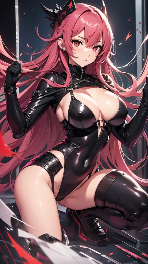 最high quality、Best image quality、masterpiece、girl((Age 25、 By becoming、Best Bust、Medium Bust,Wide open breast tea、Red glowing eyes,Black hear、Red Mesh、Disheveled Hair、Lointail、thin,The highest valley、Open chest、Luminous Wristbands、hair ornaments、Show the w...