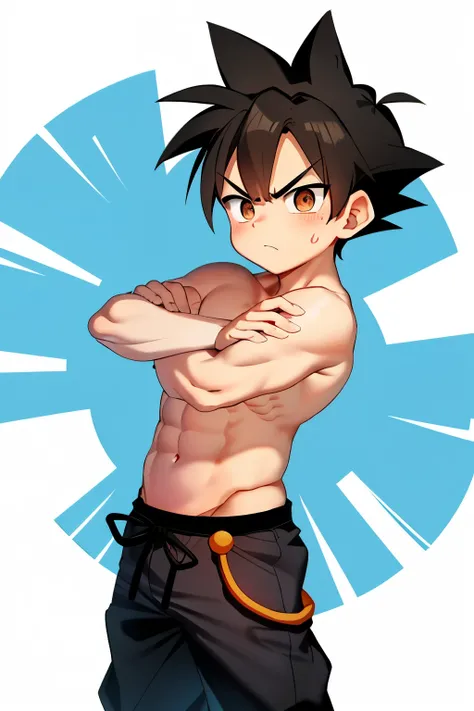 Son Goku, Chibi Style:
In a dramatic close-up, a tiny version of the iconic character, Son Goku, is depicted with exaggerated features - widely-spaced eyes, small eyebrows, and a big round head. His chibi appearance showcases his short, spiky hair and chub...