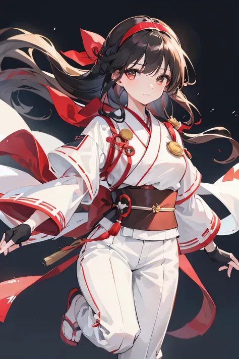 masterpiece, best quality,1girl, solo, nakorurums, red bow, bow, long hair, hair bow, ainu clothes, solo, hairband, black hair, fingerless gloves, short sleeves, gloves, sash, bangs, red hairband, breasts, brown eyes, white pants, japanese clothes, masterp...