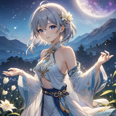 1girl, guizhong_\(genshin_impact\),light grey hair,short_hair_with_long_locks,starry_sky_print,detached_sleeves, long sleeves_pa...