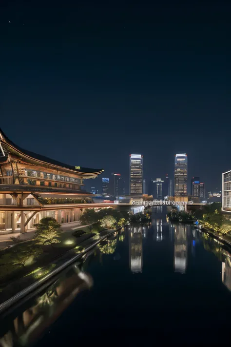 guofeng, A future scene, cyberpunk style, night sky, towering skyscrapers, twin towers, corridors, terraces, glass curtain walls, complex structures, (ancient Chinese architecture:1.2), (coexistence of modern and ancient architecture), full moon, agile cur...