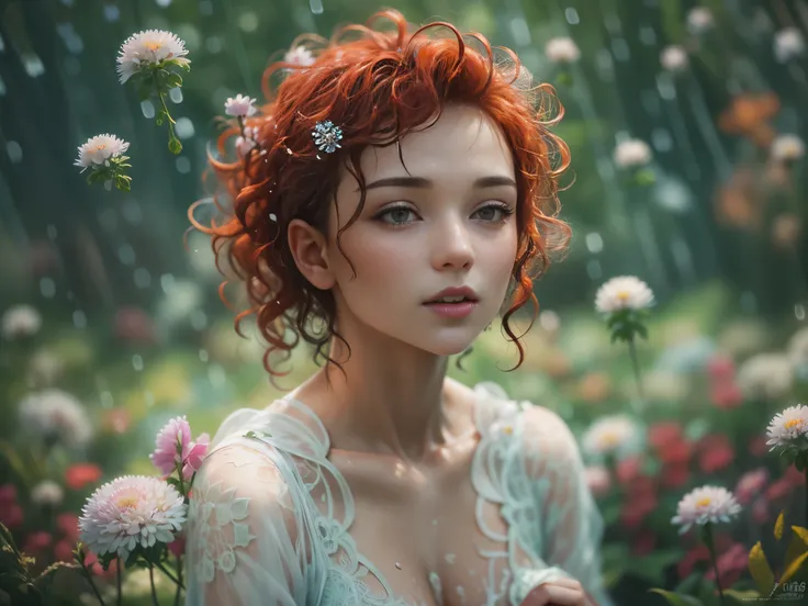 cute woman under drizzling rain, (elegant, beautiful face), transparent white dress, forest moss, (freckles:0.8), flowers feld, , curly red hair, magical atmosphere, (short hair), ((detailed skin, skin texture)), ultradetailed, (intricately detailed, fine ...