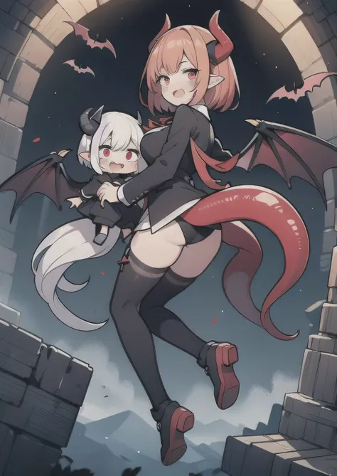 8K,  1girl, petit, adult. kawaii vampire, crimson hair, short hair, red eyes, fang, bat wings, smile, (blush), (shy), pointed ears, looking at viewer,  dynamic angle, wind, game cg, fantastic scenery, devil tail,  demon tail, thin tail, black horns, medium...