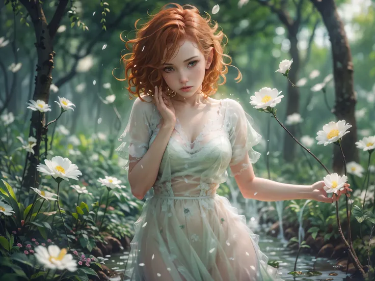 cute woman under drizzling rain, (elegant, beautiful face), transparent white dress, forest moss, (freckles:0.8), flowers feld, , curly red hair, magical atmosphere, (short hair), ((detailed skin, skin texture)), ultradetailed, (intricately detailed, fine ...