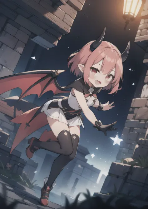 8K,  1girl, petit, adult, kawaii vampire, crimson hair, short hair, red eyes, fang, bat wings, smile, (blush), (shy), pointed ears, looking at viewer,  dynamic angle, wind, game cg, fantastic scenery, demon tail, thin tail, black horns, medium breast, show...